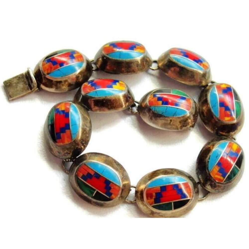 7" Tribal Blue Turquoise Red Coral Green Vintage Bracelet Sterling Silver 21.26g